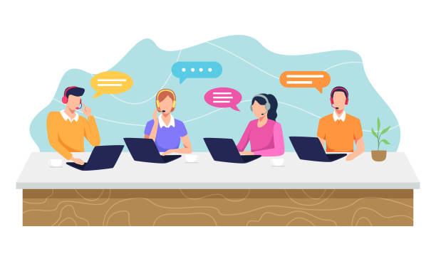 Call center concept illustration Hotline operator with headsets, Customer support department staff. Telemarketing agents, Customer service agent with headset working in call center. Vector flat style switchboard operator stock illustrations