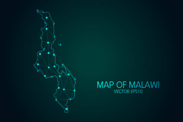 マラウイの地図 - 暗いグラデーションの背景に光る点と線のスケールで、3dメッシュポリゴンネットワーク接続 - republic of malawi点のイラスト素材／クリップアート素材／マンガ素材／アイコン素材