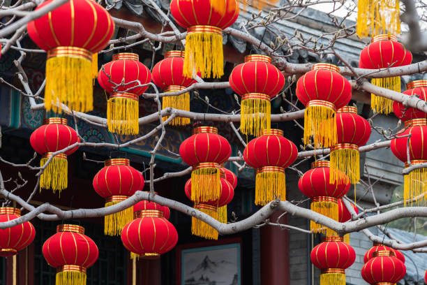 istock Red Chinese lanterns hanging on a branch 1306256796