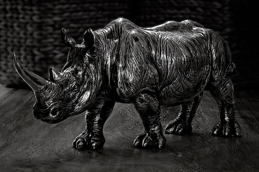 A rhinoceros ornament rendered in black and white