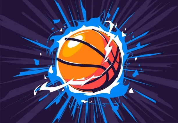 Vector illustration of Vector illustration of a basketball on fire, with a dynamic dark background, a flaming basketball, energy around