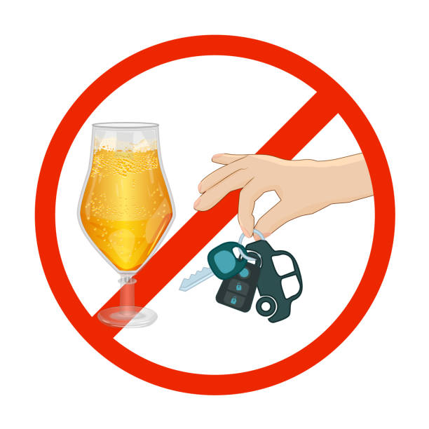 Dont drink and drive sign isolated on white background. Warning icon in red circle with beer glass and car keys. Beer mug and hand is holding a automobile key in prohibition symbol, pictogram. Be a responsible driver. Stock vector illustration sobriety stock illustrations