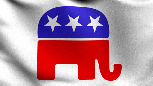 미국 또는 미국에서 공화당의 국기. 흔들리는 기호 기호의 3d 렌더링 그림입니다. - pachyderm 뉴스 사진 이미지