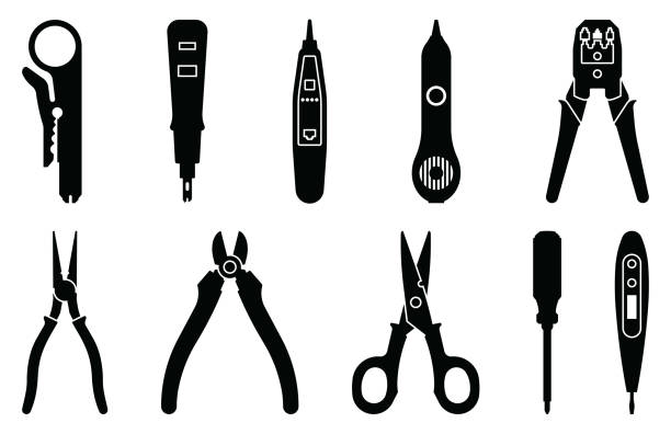 Electrical and networking tools. Hand tools. Silhouette vector Working tools for production and repair wire cutter stock illustrations