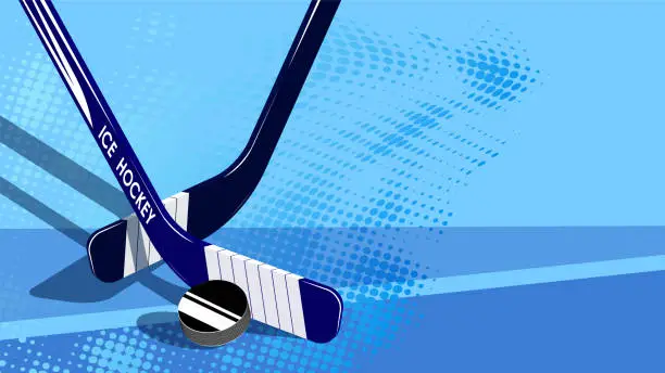 Vector illustration of crossed sports sticks for ice hockey behind black rubber puck. Sport competition. Fighting in ice arena. Vector on blue back