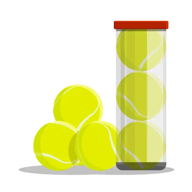 Vector illustration of tennis balls in tube, transparent plastic container isolated on white background. Tennis tournament. Sport equipment. Vector in cartoon style