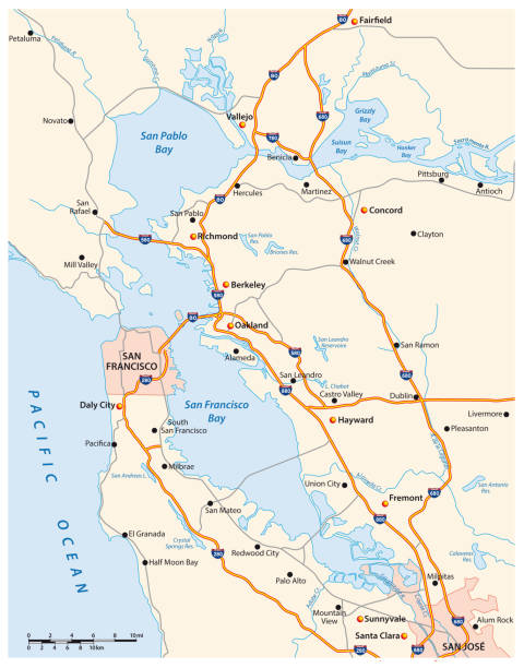 illustrazioni stock, clip art, cartoni animati e icone di tendenza di road map vettoriale della californias san francisco bay area - map san francisco bay area san francisco county cartography