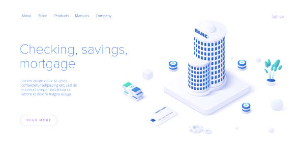 istock Bank building and money transaction concept in isometric vector design. Payment transfer or deposit and investment. Web banner layout template. 1306260500