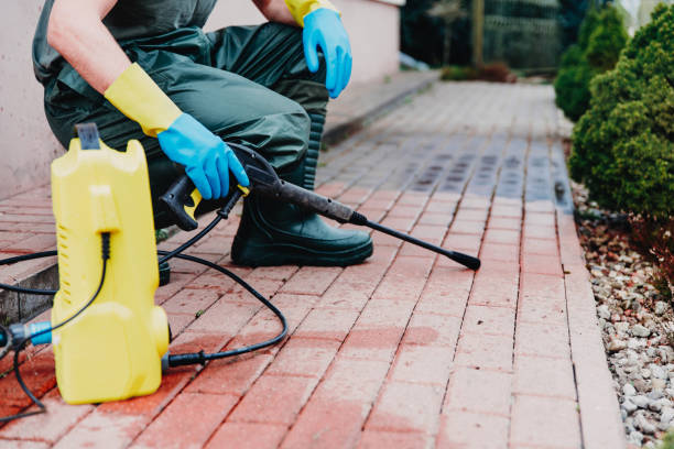 istock Man cleaning red, conrete pavement block using high pressure water cleaner. Paving cleaning concept 1306260769