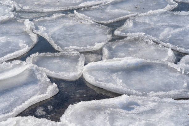 Spring. River bank with pieces of ice. stock photo