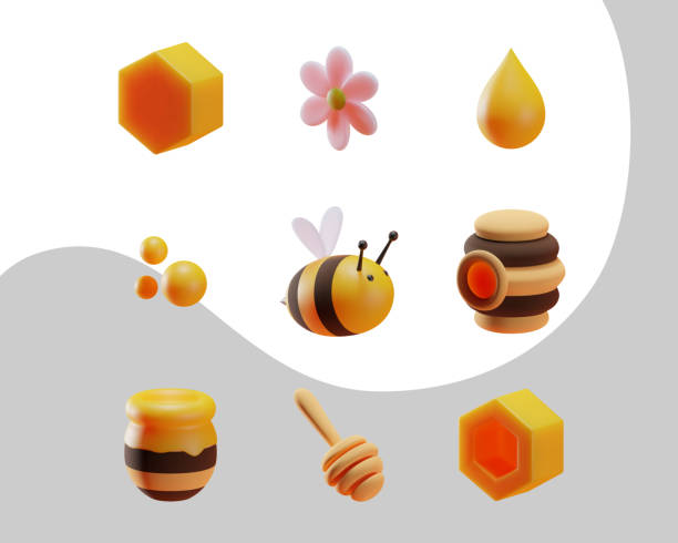 A set of elements on the theme of bees and honey. Cartoon 3d style. Isolated objects. Vector A set of elements on the theme of bees and honey. Cartoon 3d style. Isolated objects. Vector. honeycombs clip art stock illustrations