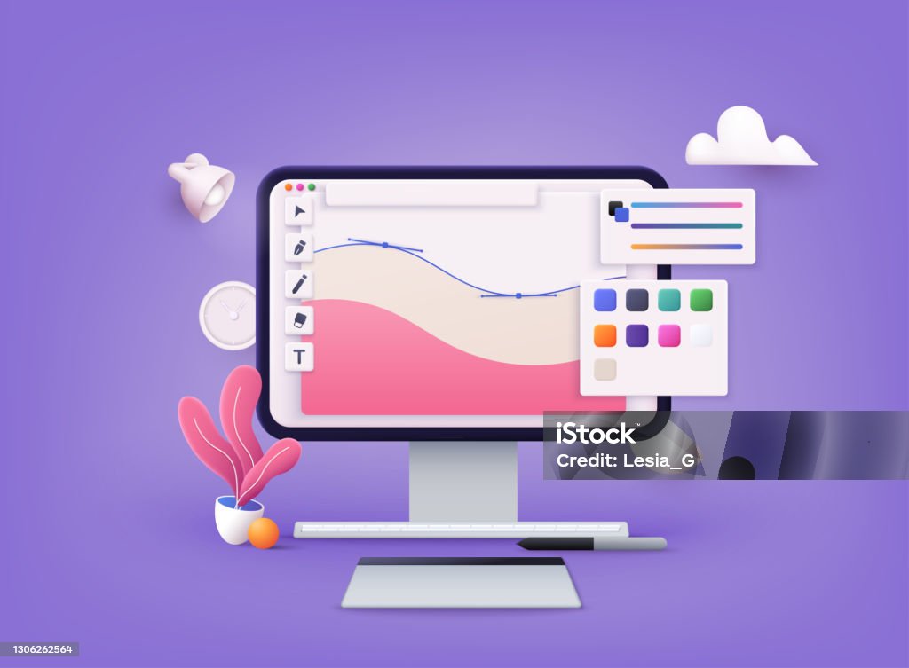 Implement Computer Design Vector Computer Display With Vector Design Program 3d Web Vector Illustrations ...