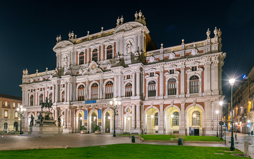 Turin Italy - February 10, 2020: View from piazza Carlo Alberto of Palazzo Carignano seat of the national museum of the Italian Risorgimento