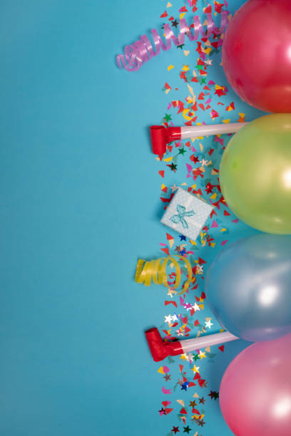 istock Flat party decoration concept on pastel blue background from above 1306263704