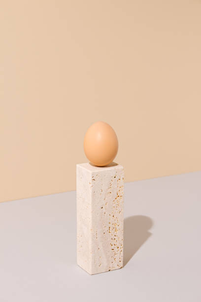istock Single egg standing on a travertine marble block on a beige and gray background. 2021 Easter unique still life composition. Surreal retro creative organic food concept. 1306264615