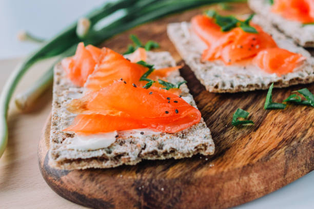 istock Salmon toast on a wooden background. 1306267585