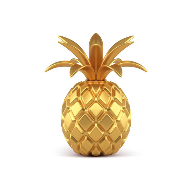 istock Gold 3d pineapple vector illustration. Exotic fruit molded from yellow precious metal with curved leaves ornaments 1306272127