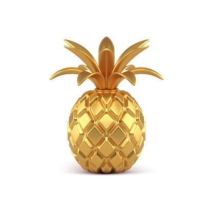 Gold 3d pineapple vector illustration. Exotic fruit molded from yellow precious metal with curved leaves ornaments. Premium product for awarding winners and expensive glitter decorations.