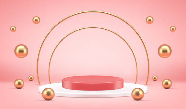 istock Podium with golden 3D rainbow and falling balls pink vector illustration 1306272156