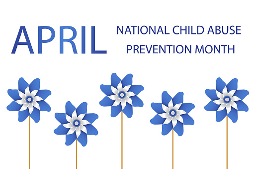 Child Abuse Prevention and awareness month of April. Stop child violence. Children protection and safety month. Poster with blue pinwheels. Banner, background. Vector illustration