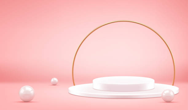 istock White podium 3D with golden rainbow and balls pink vector illustration 1306272168