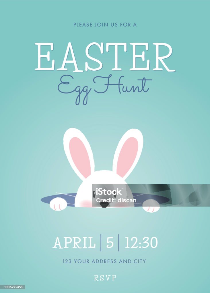 Plantilla de invitación a la caza de huevos de Pascua con conejo de Pascua. - arte vectorial de Conejo de pascua libre de derechos
