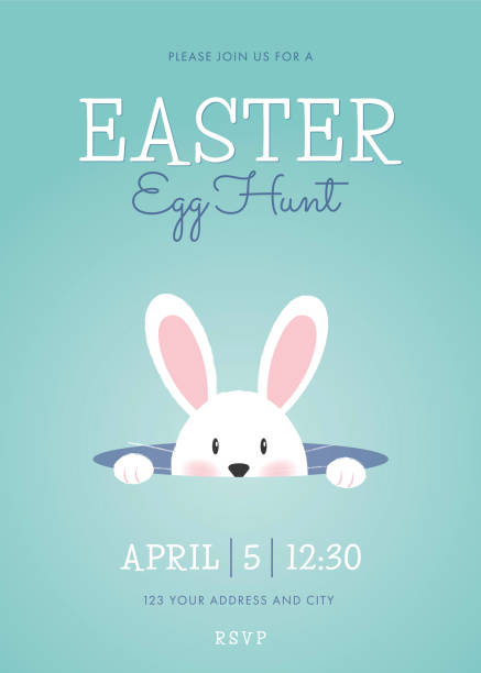 ilustraciones, imágenes clip art, dibujos animados e iconos de stock de plantilla de invitación a la caza de huevos de pascua con conejo de pascua. - easter bunny