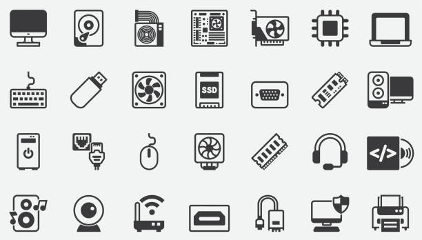 ilustraciones, imágenes clip art, dibujos animados e iconos de stock de iconos de concepto de ferretería de accesorios de computadora - usb memory