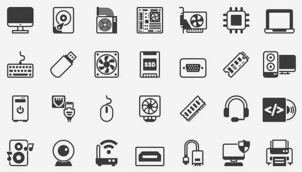 ilustrações de stock, clip art, desenhos animados e ícones de computer components accessories hardware store  concept icons - computer part audio