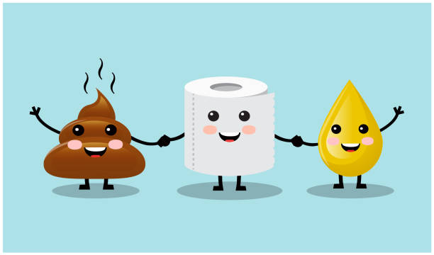 three cute friends turd, a drop of urine and toilet paper three cute friends smiling and waving their hands turd, a drop of urine and toilet paper animal digestive system stock illustrations