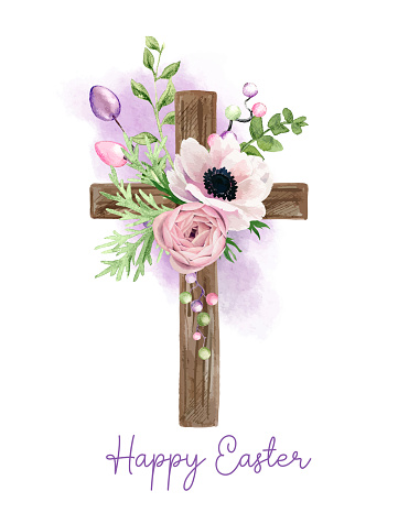 Easter christian cross with anemone flowers, easter decoration, hand drawn vector watercolor illustration