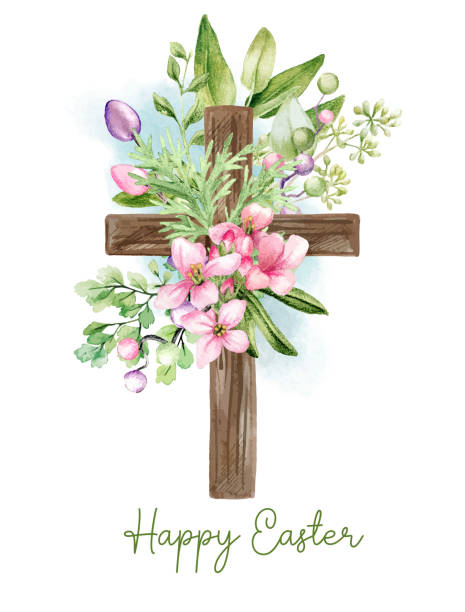 Easter christian cross with floral elements, easter decoration Easter christian cross with floral elements, easter decoration, hand drawn vector watercolor illustration religious cross stock illustrations