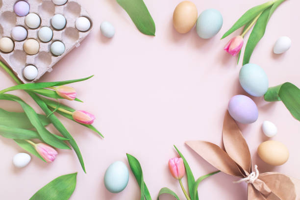 istock Tender pastel festive Easter card with gift and eggs 1306276134