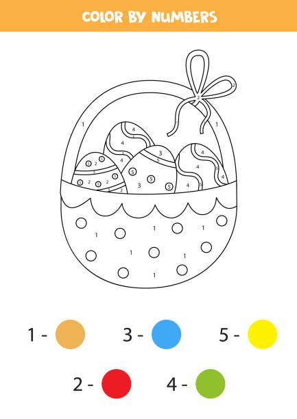 Color Easter basket by numbers. Transportation worksheet. Coloring page with Easter basket full of eggs. Color by numbers. Math game for kids. easter easter egg eggs basket stock illustrations