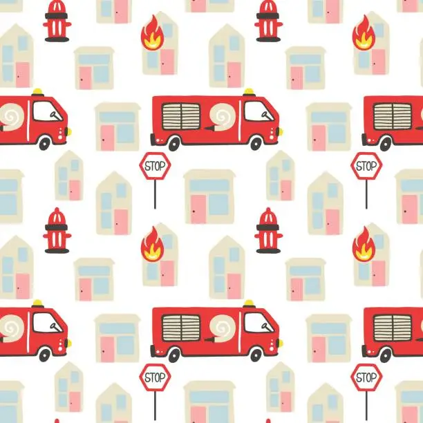 Vector illustration of Firefighter seamless pattern. Fire truck with ladder extinguisher and burning house. Hand drawn cartoon scandinavian childish doodle cars. Decor textile wrapping paper wallpaper vector print or fabric