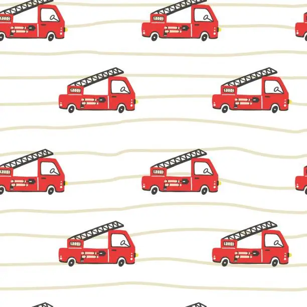 Vector illustration of Firefighter seamless pattern. Fire truck with ladder extinguisher and hose. Hand drawn cartoon trendy scandinavian childish doodle cars. Decor textile, wrapping paper wallpaper vector print or fabric