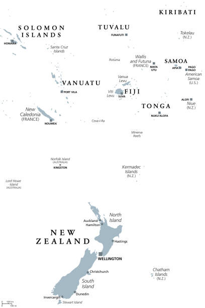 illustrations, cliparts, dessins animés et icônes de nouvelle-zélande et polynésie méridionale, carte politique grise - îles wallis et futuna