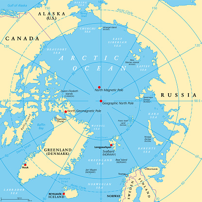 Geographic position of the North Pole of the Earth, political map. Magnetic, Geomagnetic and Geographic North Pole. Map of the Arctic Ocean and the Arctic Circle with latitudes and longitudes. Vector.