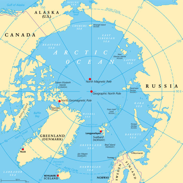 Geographic position of the North Pole of the Earth, political map Geographic position of the North Pole of the Earth, political map. Magnetic, Geomagnetic and Geographic North Pole. Map of the Arctic Ocean and the Arctic Circle with latitudes and longitudes. Vector. greenland stock illustrations