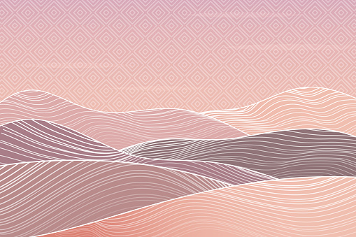 Ethnic landscape. Japanese background with line wave pattern vector. Sunset, sunrise in the mountains. Abstract template with geometric pattern. Mountain layout design in oriental style.