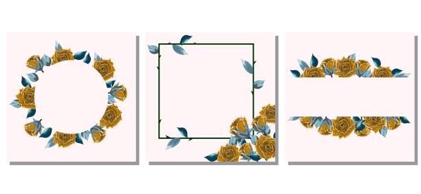 Collection with golden roses templates Square templates with roses on pastel pink background. For banners, advertisements, posters, cards. Vector templates. thorn wreath stock illustrations