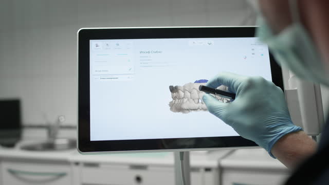 The doctor examines the 3D model of the jaw. A dentist examines a digital image of teeth on a monitor. Modern technologies in medicine and dentistry