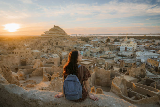 mujer mirando la vista panorámica del oasis de siwa al atardecer - town of egypt fotografías e imágenes de stock