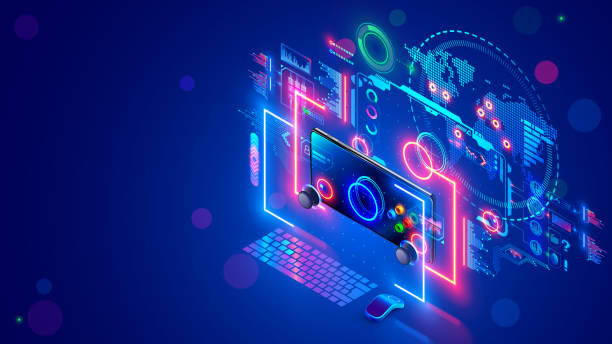 Online Computer Or Mobile Video Games Concept Banner E Sports Desk Of  Computer Gamer Monitor Screen Mobile Phone Hover Near Holographic Of Game  Interface Connected Gaming Servers On Virtual Map Stock Illustration 