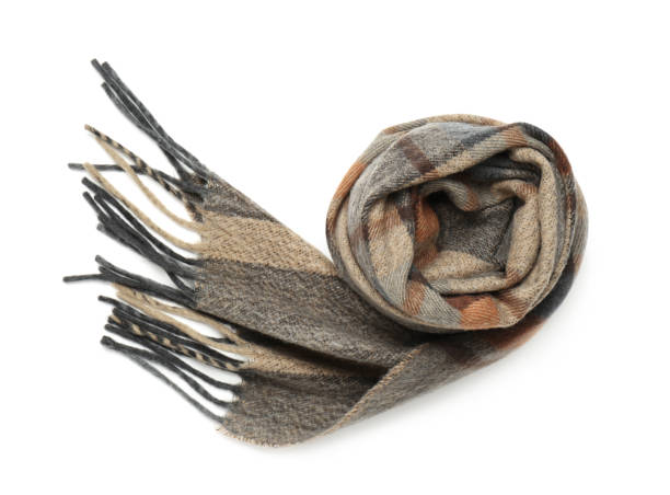 istock Stylish checkered cashmere scarf isolated on white, top view 1306283449
