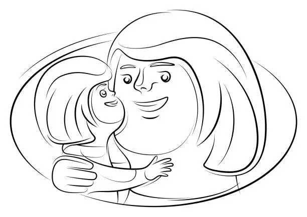 Vector illustration of little girl embracing mother line drawing