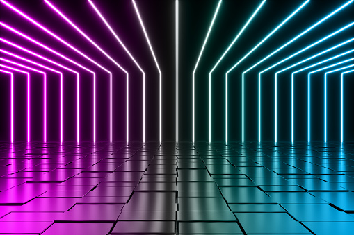Modern empty abstract interior illuminated by pink, white and blue linear neon lights on back and ceiling on reflective multicolored tiled floor. 3D rendered image.