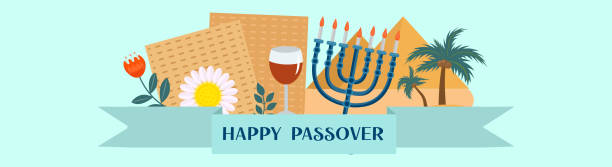 Passover banner. Pesach template for your design with matzah and spring flowers. Happy Passover inscription. Jewish holiday background. Vector illustration. Passover banner. Pesach template for your design with matzah and spring flowers. Happy Passover inscription. Jewish holiday background. Vector illustration kosher symbol stock illustrations