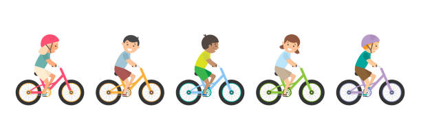 słodkie szczęśliwe dzieci jeżdżące na rowerach. - little boys child offspring young adult stock illustrations
