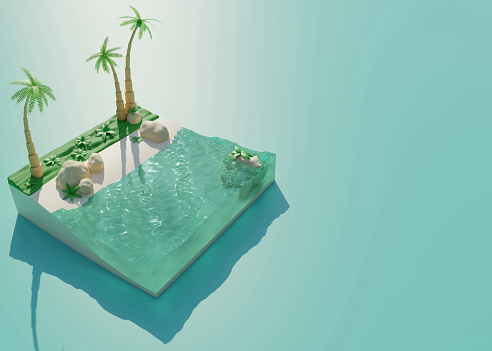 Summer Time Tropical Coast of Ocean Holiday Travel Vacation with Palms. Concept thematic rendering from 3D with Free Space for Text.